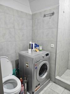 a bathroom with a washing machine and a toilet at Διαμέρισμα στην καρδιά της τιφλιδας in Tbilisi City