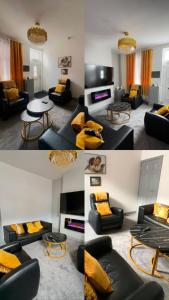 sala de estar con muebles negros y almohadas amarillas en de gold ltd, en Stoke on Trent