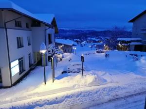 une rue couverte de neige la nuit dans l'établissement Apartments Giovannini, à Fai della Paganella
