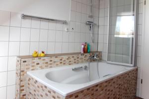 ein Bad mit einer Badewanne, einer Dusche und einem Spiegel in der Unterkunft SchönErleben in Schwabstedt