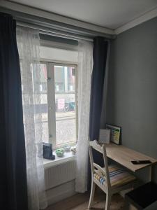 ルンドにあるBrunius Guesthouseの窓があり、木製のテーブルと椅子がある部屋