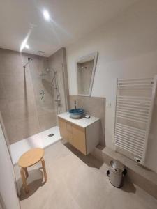 La salle de bains est pourvue d'un lavabo, d'une douche et d'un tabouret. dans l'établissement La chouette paisible, à Villecroze
