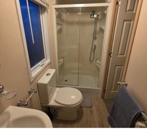 a bathroom with a shower and a toilet and a sink at Caravan by the Sea D09 in Kinmel Bay +4 photos