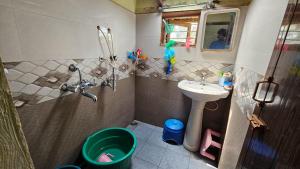 a small bathroom with a sink and a toilet at Kadugadde Homestay in Sakleshpur +6 photos
