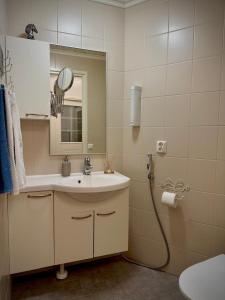 un baño con lavabo y espejo en Santa Claus apartment 2 - 6 people, en Rovaniemi 35 fotos más