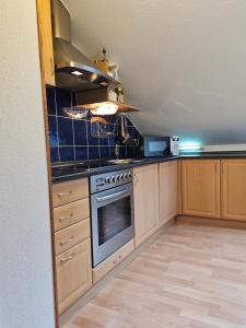 a kitchen with wooden cabinets and a stove top oven at Apartmán Sofie Mariánské Lázně in Mariánské Lázně +6 photos
