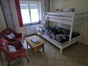 Cette chambre comprend des lits superposés, 2 chaises et une table. dans l'établissement Haus Adelheid, à Weil am Rhein