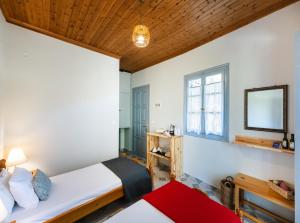 a bedroom with a bed and a mirror and a window at Pansion Margarita in Agios Nikitas