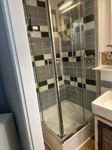 a shower with a glass door in a bathroom at Urban Comfort Apartment in Rheinbach