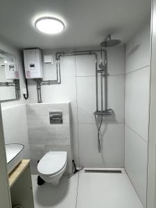 a small bathroom with a toilet and a sink at Guesthouse at Roland's in Uppsala