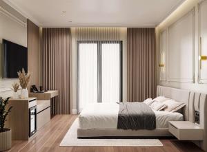 a bedroom with a bed and a large window at Hotel By Holiday in Rinas +7 photos