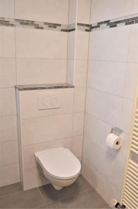 a white bathroom with a toilet and a roll of toilet paper at Seewind 5 in Cuxhaven +9 photos