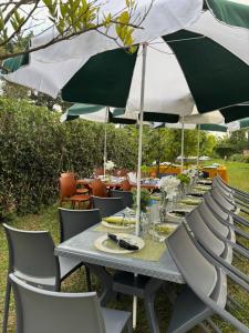 a long table with chairs and an umbrella at Albatina Place in Nakasongola