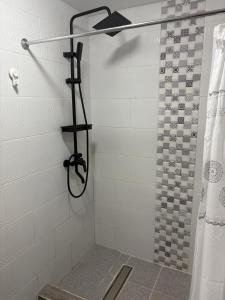 a shower with a shower curtain in a bathroom at ruta de los parques in Chile Chico