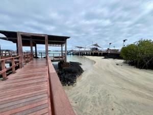 a wooden walkway leading to a beach with a pier at Chez Nemo in Puerto Villamil +11 photos