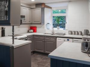 cocina grande con armarios grises y ventana en Hafanedd, en Dyffryn