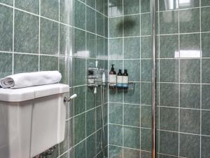 a bathroom with a shower with green tiles at The Cabin in Llangadog +5 photos