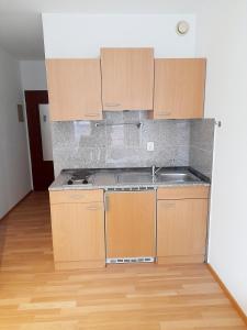 una cocina vacía con armarios de madera y fregadero en LauLe Apartment 2 Self Check in, en Passau