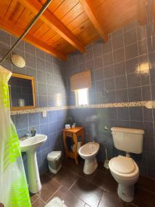 a bathroom with a toilet and a sink and a toilet istg at Cabaña Familia de Campo 2 in El Chalten