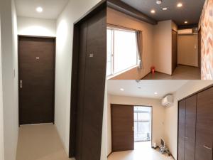 a living room with a sliding door and a window at Hotel Roots in Shirahama