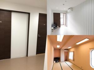two pictures of a hallway in a office building at Hotel Roots in Shirahama