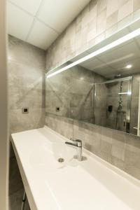 a bathroom with a sink and a mirror at Hotel Cheval De Bronze in Remiremont