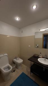 a bathroom with a toilet and a sink and a mirror at Luxury apartment in Espinho