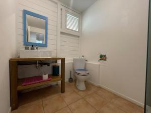 a bathroom with a toilet and a sink and a mirror at Colibri in Sainte-Anne