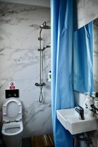 a bathroom with a shower and a toilet and a sink at Villa Lu Bartolo - Room Lily in Taʼ Lampuka