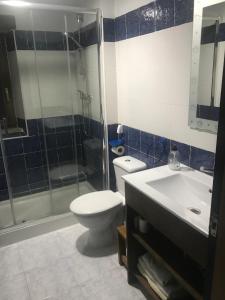 Un baño con inodoro, lavabo y ducha. en Apartamentos Besande, en Besande