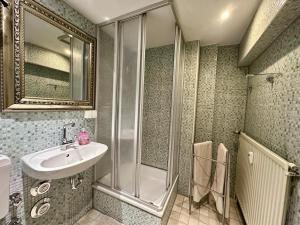 a bathroom with a sink and a shower at Baumeisterhaus Apartment in Bad Hersfeld