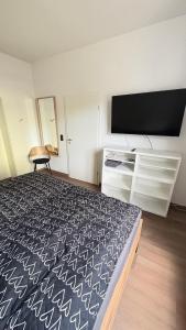 a bedroom with a bed and a flat screen tv at Schöne Ferienwohnung in Beierfeld