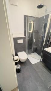 a bathroom with a shower and a toilet and a sink at Schöne Ferienwohnung in Grünhain-Beierfeld