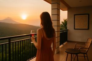 a woman standing on a balcony holding a glass of wine at Shitala Villa in Munduk +21 photos