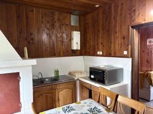 a kitchen with wooden cabinets and a microwave at Marie Begue Villa in Cilaos