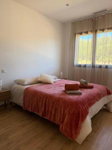 a bedroom with a bed with a red blanket and a window at Chez Claudine & Adrien in Figari