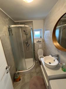 a bathroom with a shower toilet and a sink at Apartman Dukić in Okrug Gornji +6 photos