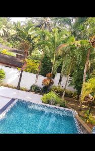a swimming pool in front of some palm trees at Floating castle villa in Avissawella