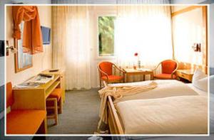 ein Hotelzimmer mit einem Bett, einem Schreibtisch und Stühlen in der Unterkunft Hotel Gasthof Wasserschloß in Mitwitz