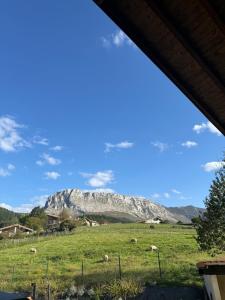 a view of a mountain with sheep grazing in a field at Arandi Baserria in Urigoiti