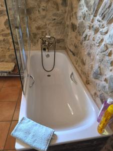a white bath tub with a shower in a bathroom at La Casa de la Fuente 
