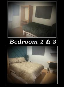 two pictures of a bedroom with a bed and a table at The Phoenix in Swansea