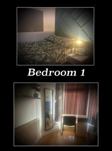 two pictures of a bedroom with a bed and a table at The Phoenix in Swansea