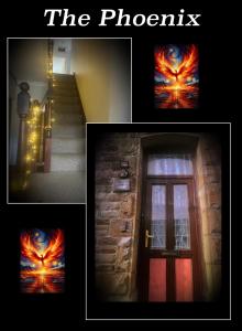 a collage of pictures of a door with a fire design at The Phoenix in Swansea