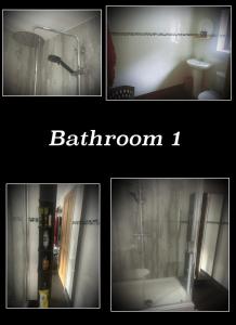 four pictures of a bathroom with a shower and a sink at The Phoenix in Swansea