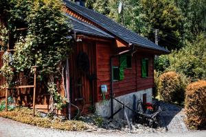 a small wooden house with green shutters on it at Świerkowe Zacisze Domki in Budzów