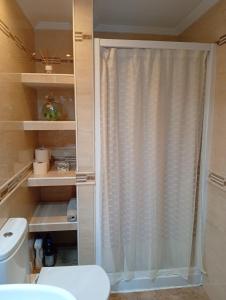 ein Bad mit Dusche und Duschvorhang in der Unterkunft Alojamiento Rural Paraiso Pozuela in Jaén