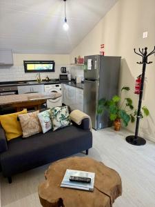Una sala de estar con un sofá y una cocina. en Sebastian's Apartment, en São Vicente