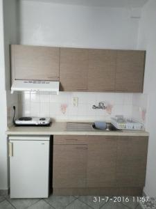 オリンピアキ・アクティにあるPetridis Hotelのキッチン(木製キャビネット、白い冷蔵庫付)
