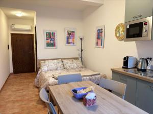 a room with a bed and a table and a kitchen at Alloggio Turistico Sotto la Torre in Acquapendente